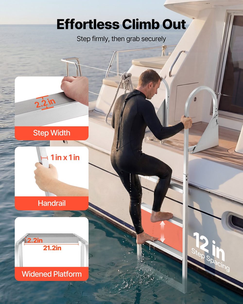 VEVOR Flip-Up Dock Ladder, 4-Step, Heavy-Duty Aluminum Alloy Pontoon Boat Swim Ladder