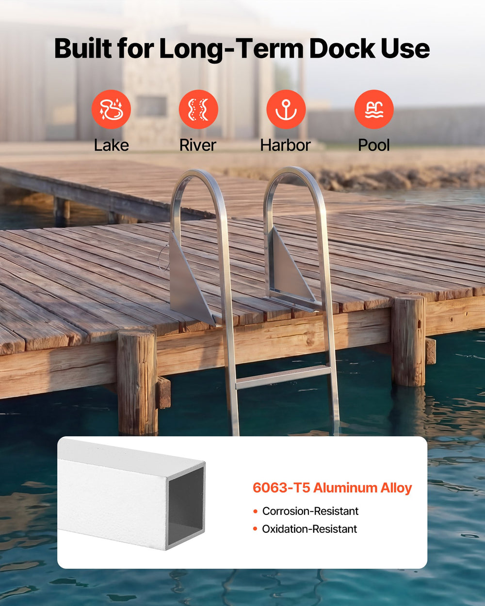 VEVOR Flip-Up Dock Ladder, 4-Step, Heavy-Duty Aluminum Alloy Pontoon Boat Swim Ladder