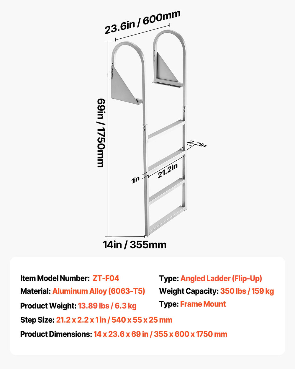 VEVOR Flip-Up Dock Ladder, 4-Step, Heavy-Duty Aluminum Alloy Pontoon Boat Swim Ladder