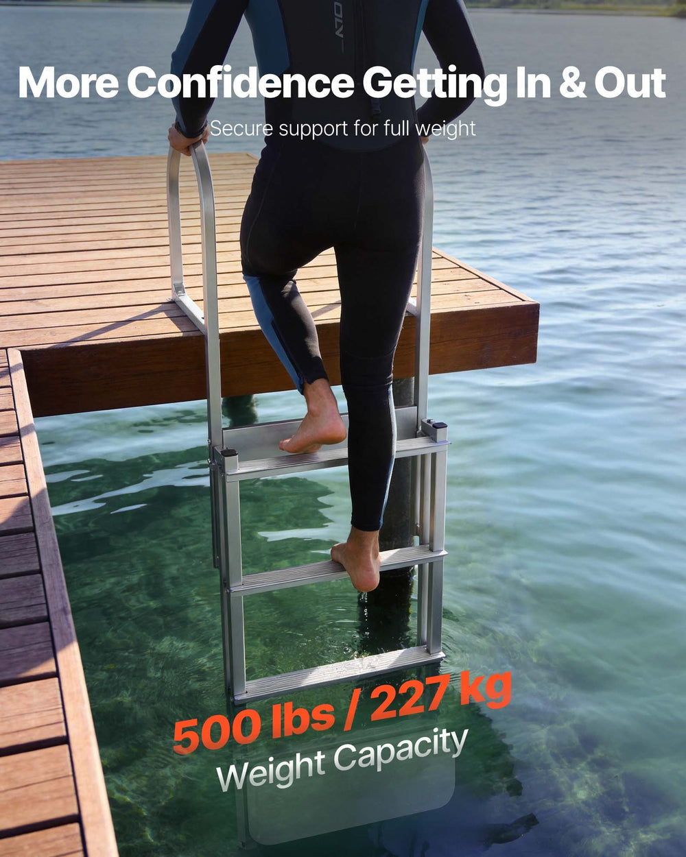 VEVOR Retractable Dock Ladder, 4 Steps, Aluminum Alloy Pontoon Boat Swim Ladder with Auto-Lift Float, Non-Slip Wide Steps, 227 kg Weight Capacity, Adjustable Height, for Lake Pool Marine Boarding