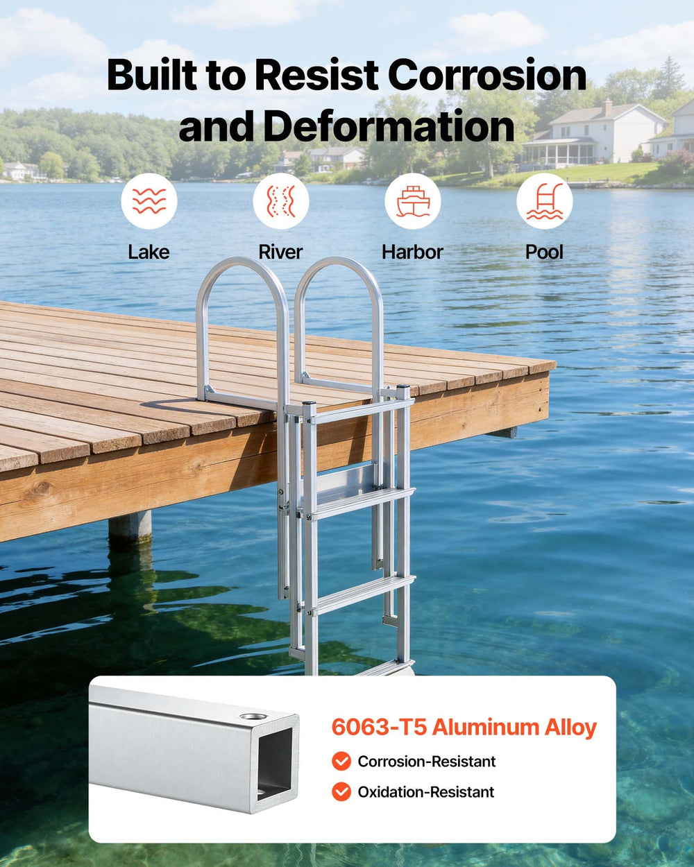 VEVOR Retractable Dock Ladder, 4 Steps, Aluminum Alloy Pontoon Boat Swim Ladder with Auto-Lift Float, Non-Slip Wide Steps, 227 kg Weight Capacity, Adjustable Height, for Lake Pool Marine Boarding