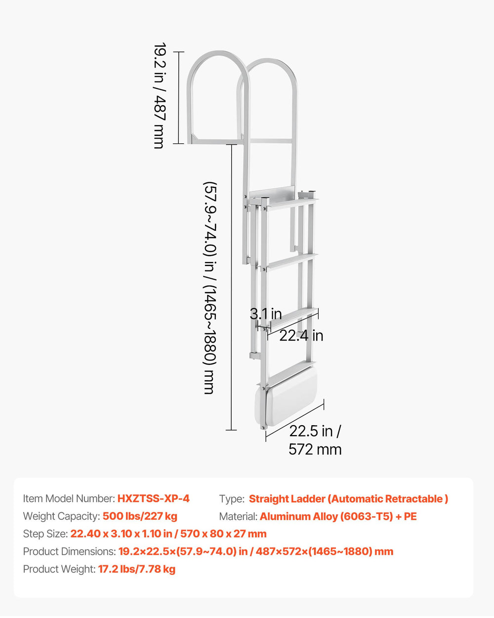 VEVOR Retractable Dock Ladder, 4 Steps, Aluminum Alloy Pontoon Boat Swim Ladder with Auto-Lift Float, Non-Slip Wide Steps, 227 kg Weight Capacity, Adjustable Height, for Lake Pool Marine Boarding