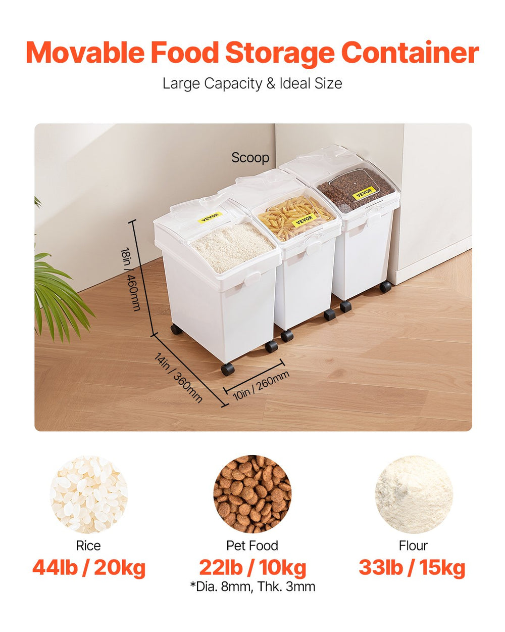 VEVOR Ingredient Bin, 20.8 L Capacity Ingredient Storage Bin, PP Material Flour Bins On Wheels, White Shelf Ingredient Bin with Scoop and Sliding Lid, Commercial Storage Bins, 3 Pcs/Set