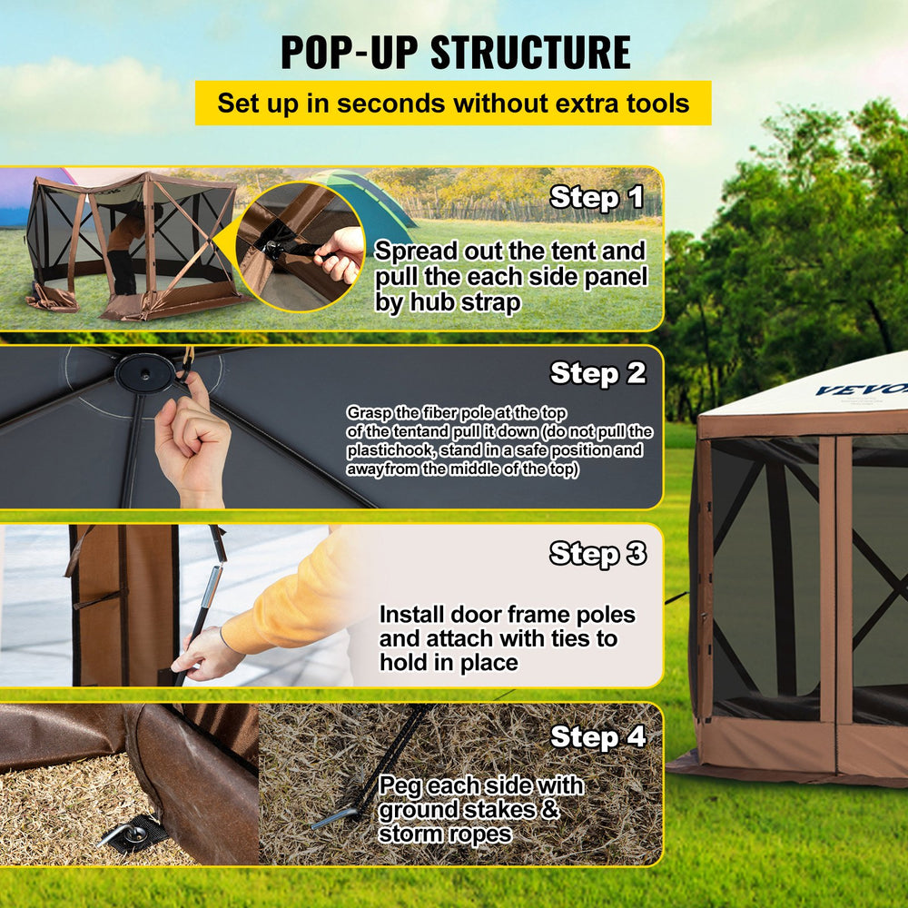 VEVOR Gazebo Screen Tent, 12 x 12 ft, 6 Sided Pop-up Camping Canopy Shelter Tent with Mesh Windows, Portable Carry Bag, Ground Stakes, Large Shade Tents for Outdoor Camping, Lawn and Backyard