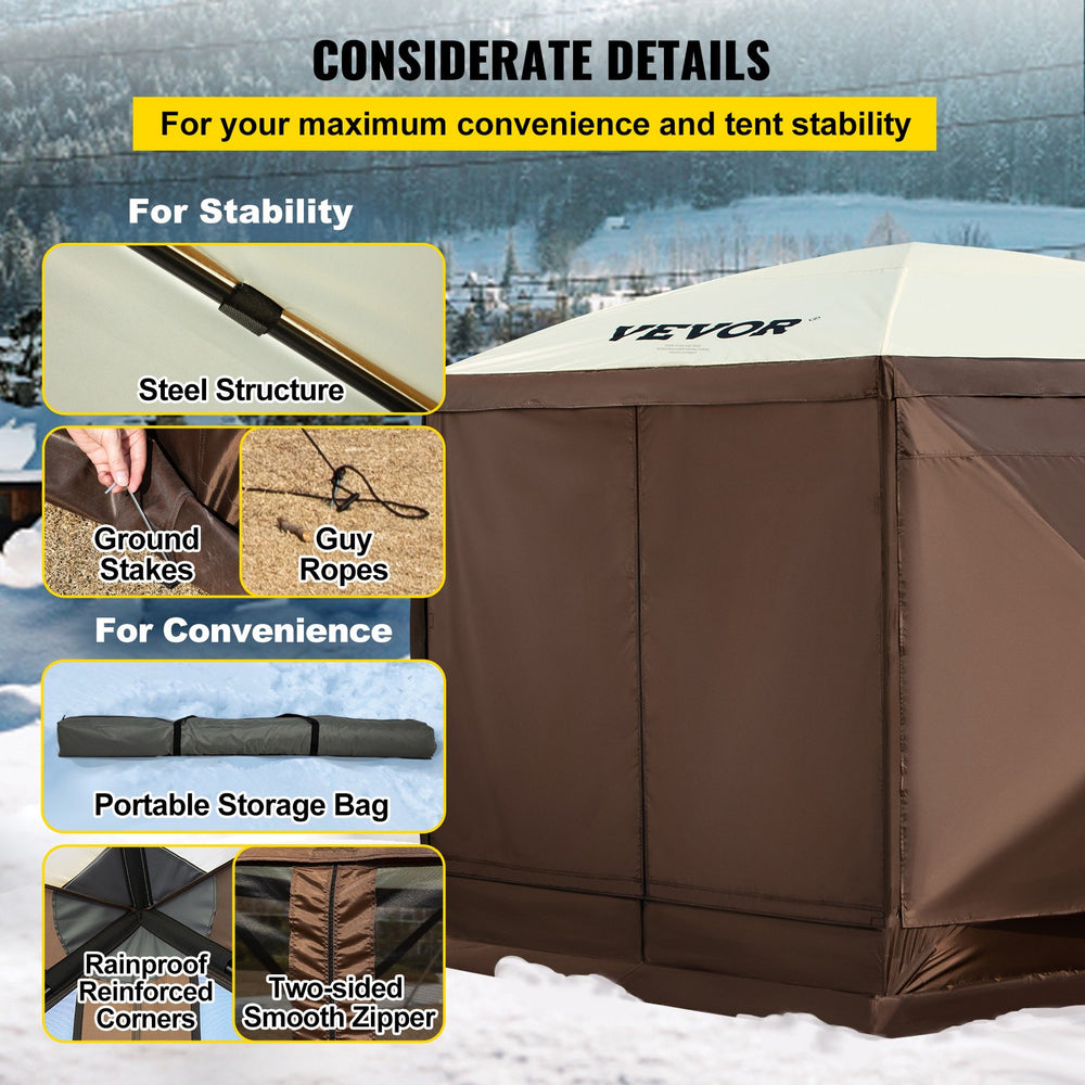 VEVOR Gazebo Screen Tent, 12 x 12 ft, 6 Sided Pop-up Camping Canopy Shelter Tent with Mesh Windows, Portable Carry Bag, Ground Stakes, Large Shade Tents for Outdoor Camping, Lawn and Backyard