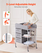 VEVOR Baby Changing Table, Portable Diaper Change Station with 3 Fabric Drawers and Lockable Wheels, Adjustable Height Multi-Functional Changing Station Table with Storage Organizer Nursery, Gray