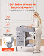VEVOR Baby Changing Table, Portable Diaper Change Station with 3 Fabric Drawers and Lockable Wheels, Adjustable Height Multi-Functional Changing Station Table with Storage Organizer Nursery, Gray