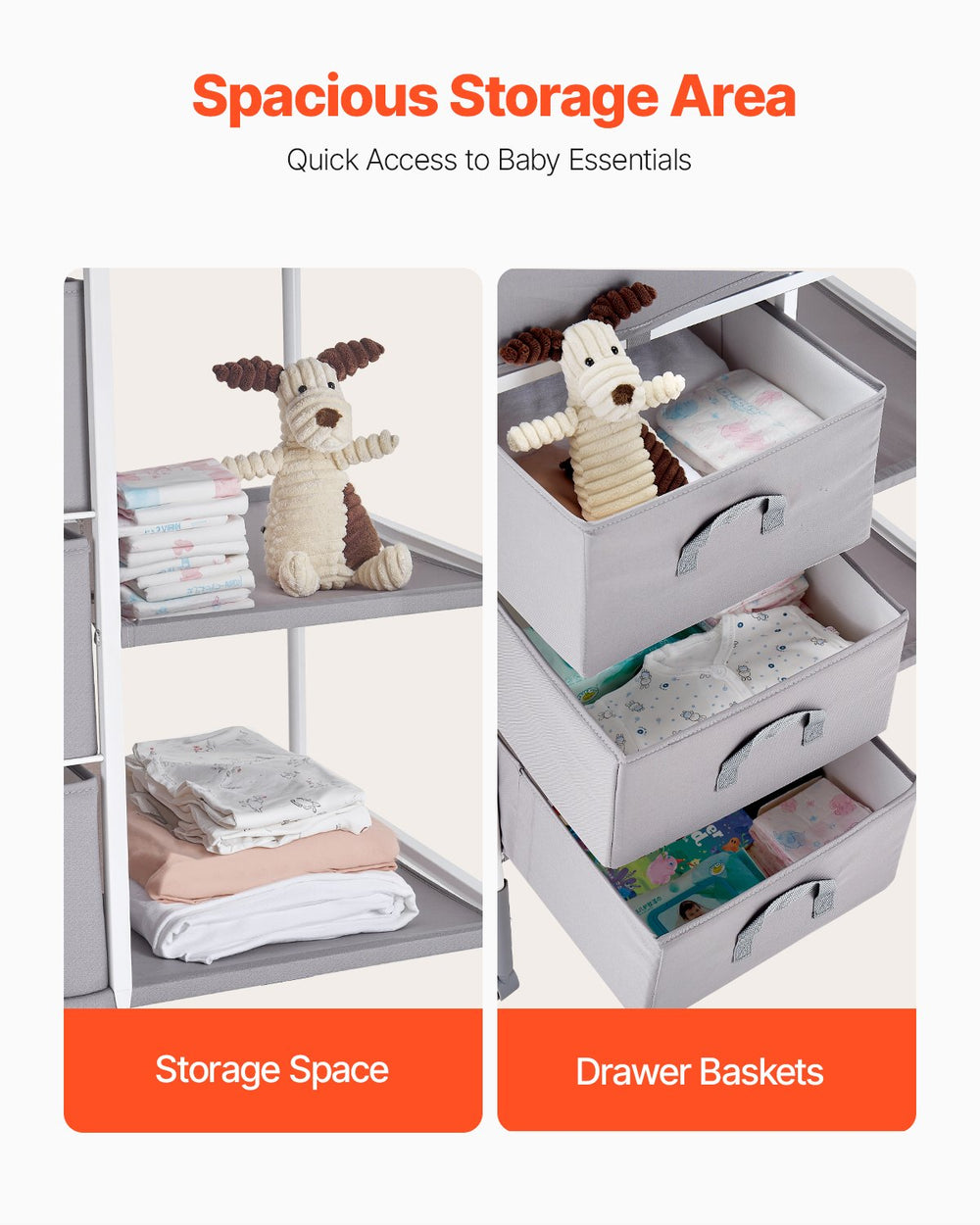 VEVOR Baby Changing Table, Portable Diaper Change Station with 3 Fabric Drawers and Lockable Wheels, Adjustable Height Multi-Functional Changing Station Table with Storage Organizer Nursery, Gray