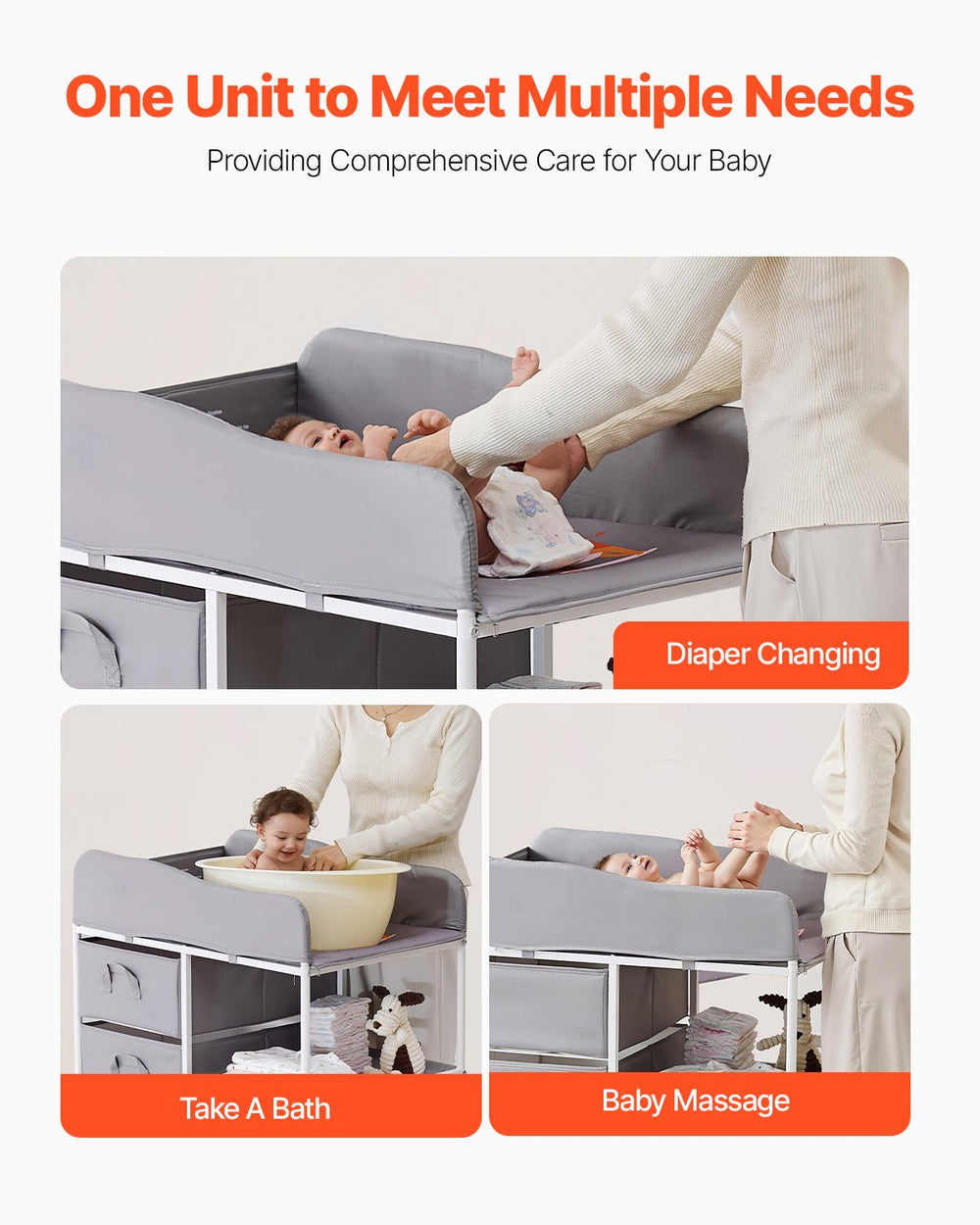 VEVOR Baby Changing Table, Portable Diaper Change Station with 3 Fabric Drawers and Lockable Wheels, Adjustable Height Multi-Functional Changing Station Table with Storage Organizer Nursery, Gray
