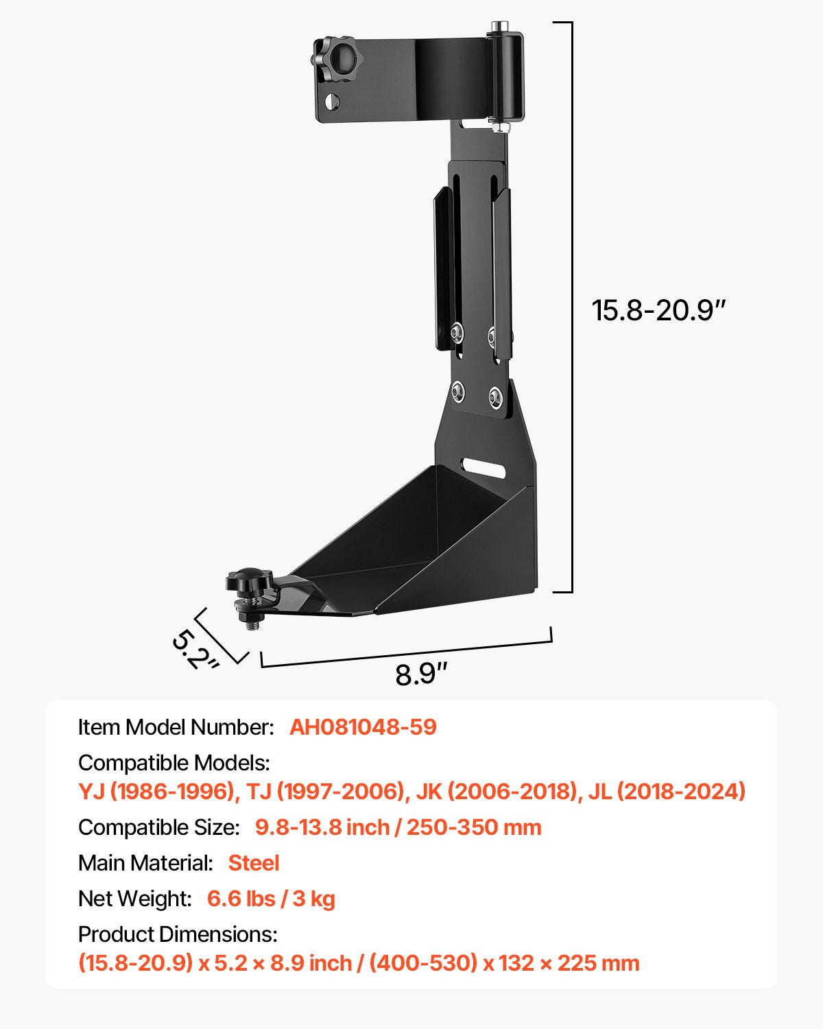 VEVOR High Lift Jack Mount Bracket, Farm Jack Holder Mounting Bracket Kit, Mount Carrier for Off Road Heavy-Duty Jacks, Compatible With YJ (1986-1996), TJ (1997-2006), JK (2006-2018), JL (2018-2024)