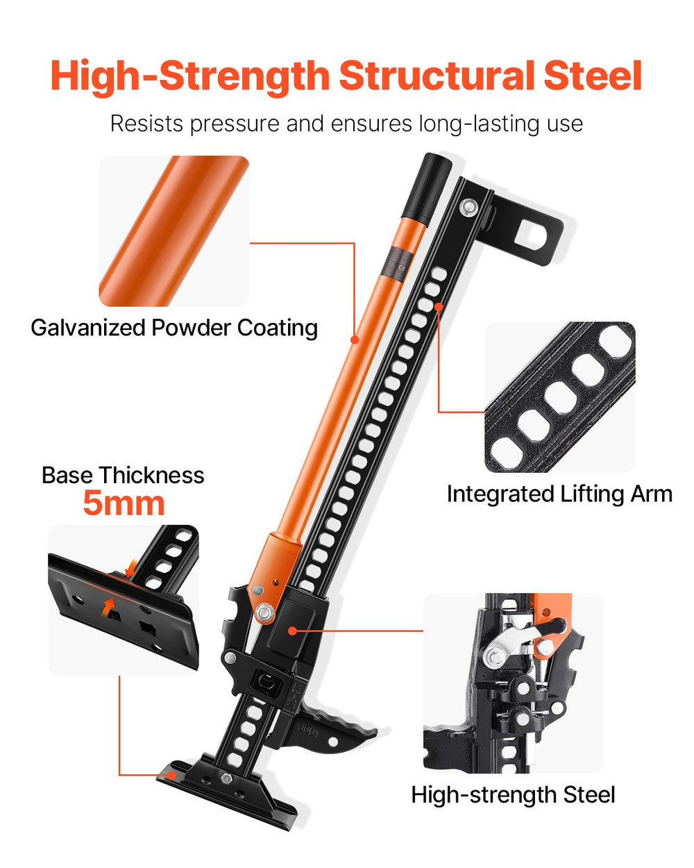 VEVOR Farm Jack, 845mm Utility High Lift Farm Jack, 3.18 Ton Capacity Ratcheting Off Road Utility Jacks, Heavy-Duty Lift Jacks with 130.1-711.2 mm Lifting Range for Tractor, Truck, SUV