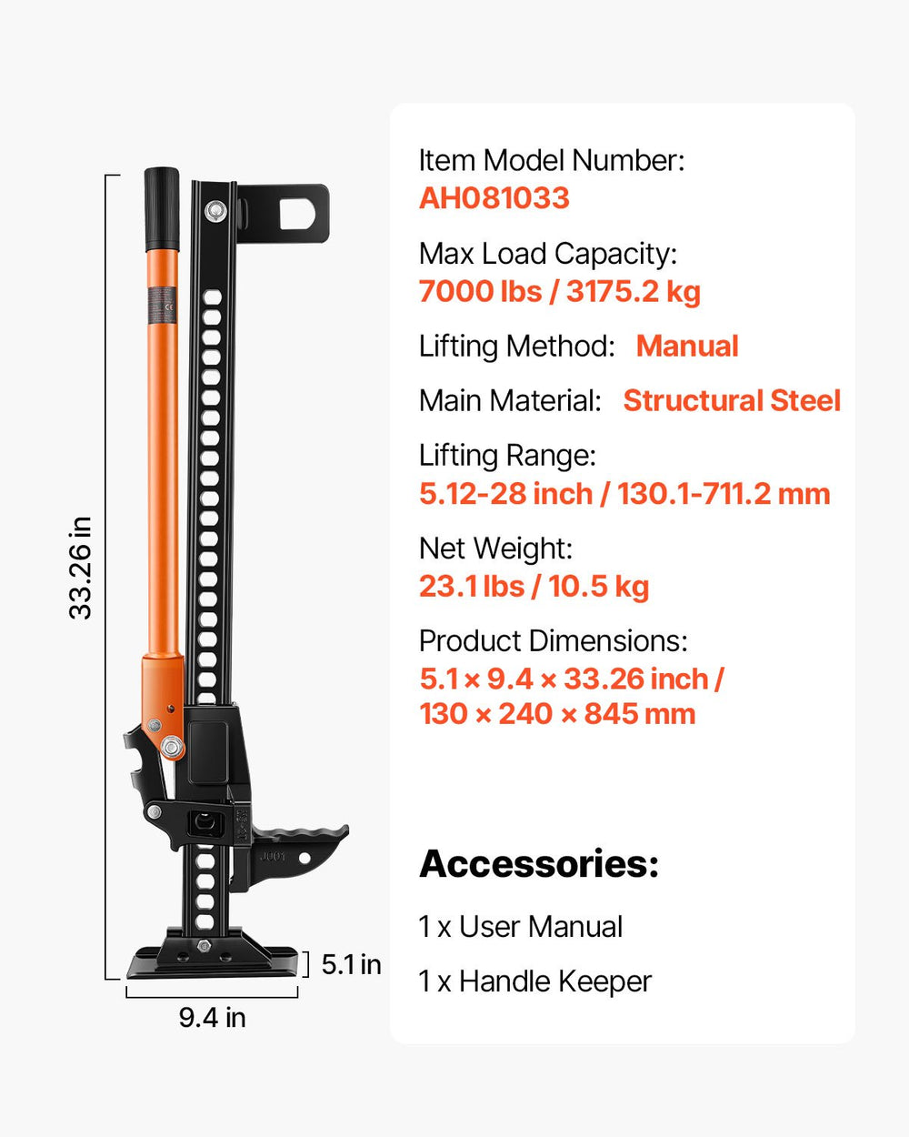 VEVOR Farm Jack, 845mm Utility High Lift Farm Jack, 3.18 Ton Capacity Ratcheting Off Road Utility Jacks, Heavy-Duty Lift Jacks with 130.1-711.2 mm Lifting Range for Tractor, Truck, SUV