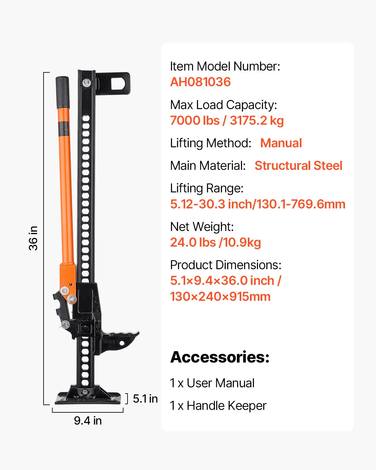 VEVOR Farm Jack, 91.5 cm Utility High Lift Farm Jack, 3.18 Ton Capacity Ratcheting Off Road Utility Jacks, Heavy-Duty Lift Jacks with 130.1-769.6 mm Lifting Range for Tractor, Truck, SUV