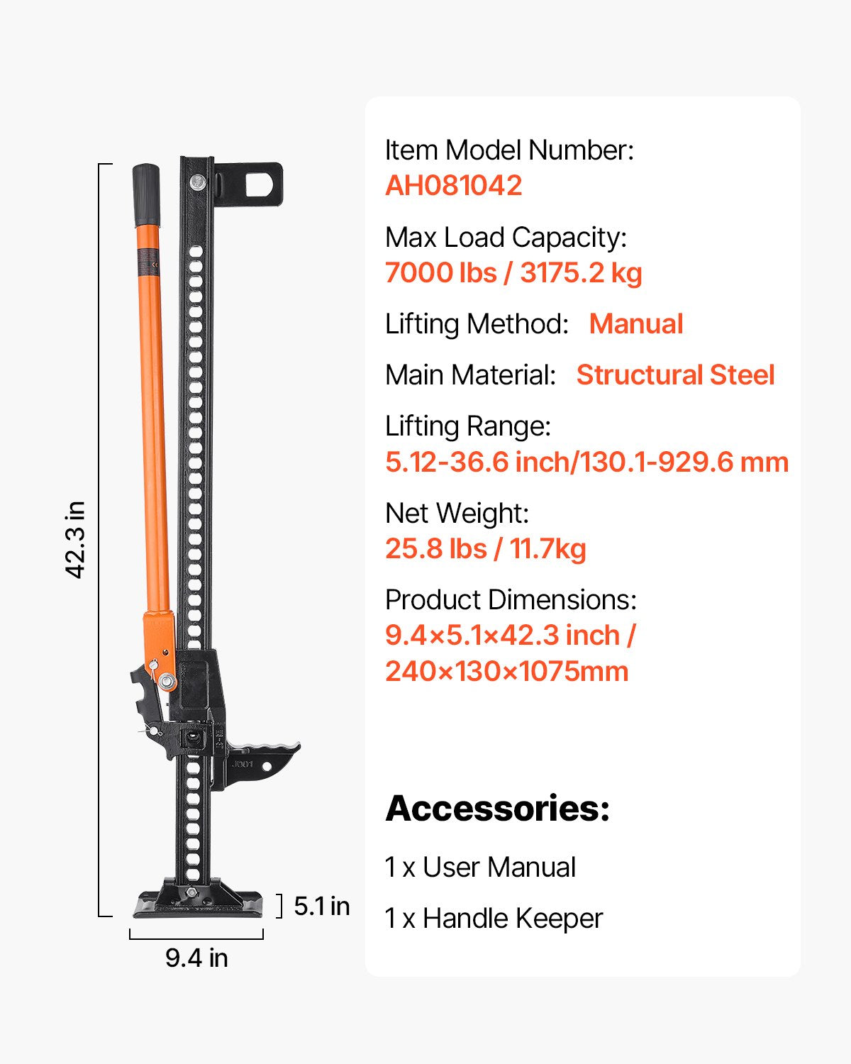 VEVOR Farm Jack, 107.5 cm Utility High Lift Farm Jack, 3.18 Ton Capacity Ratcheting Off Road Utility Jacks, Heavy-Duty Lift Jacks with 130.1-929.6 mm Lifting Range for Tractor, Truck, SUV