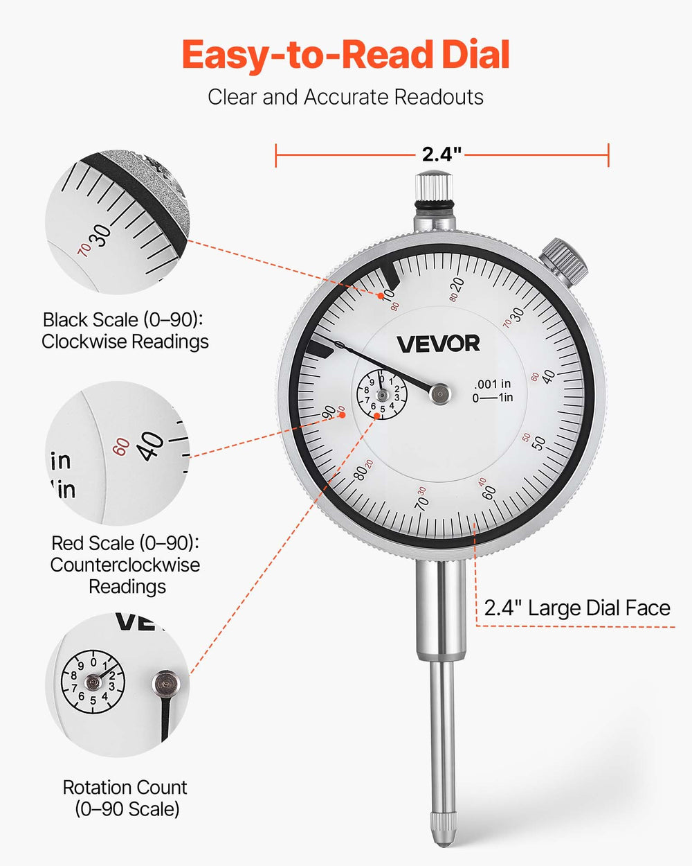 VEVOR Dial Test Indicator, 0.03 mm Accuracy, 0-25.4mm Measuring Range, Easy to Read Large Dial, Professional for Internal Diameter Measurement, Runout Detection, Flatness Inspection