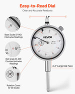VEVOR Dial Test Indicator, 0.03 mm Accuracy, 0-25.4mm Measuring Range, Easy to Read Large Dial, Professional for Internal Diameter Measurement, Runout Detection, Flatness Inspection