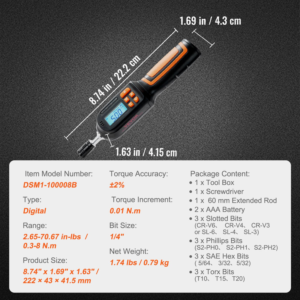 VEVOR Digital Torque Screwdriver, 0.64 cm Drive Screwdriver Torque Wrench, Electrician Torque Screwdriver with LCD, 0.30-7.98 N·m Torque Range, 0.01 N·m Increment Torque Screwdriver with Bits & Case