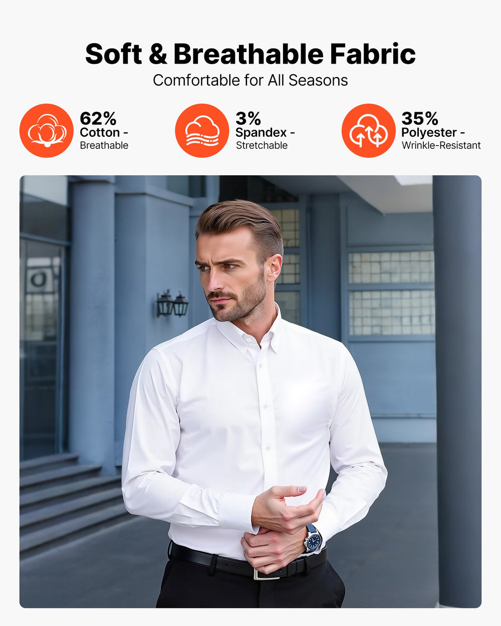 VEVOR Men's Button Up Shirt, Mens Long Sleeve Wrinkle-free Button Down Dress Shirts, Slim Fit Soft Stretch Fabric for Business Casual or Formal, Work, Wedding, Dinner, White