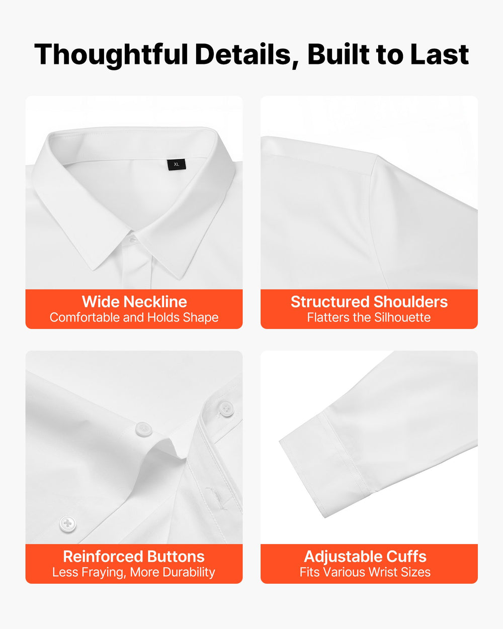 VEVOR Men's Button Up Shirt, Mens Long Sleeve Wrinkle-free Button Down Dress Shirts, Slim Fit Soft Stretch Fabric for Business Casual or Formal, Work, Wedding, Dinner, White