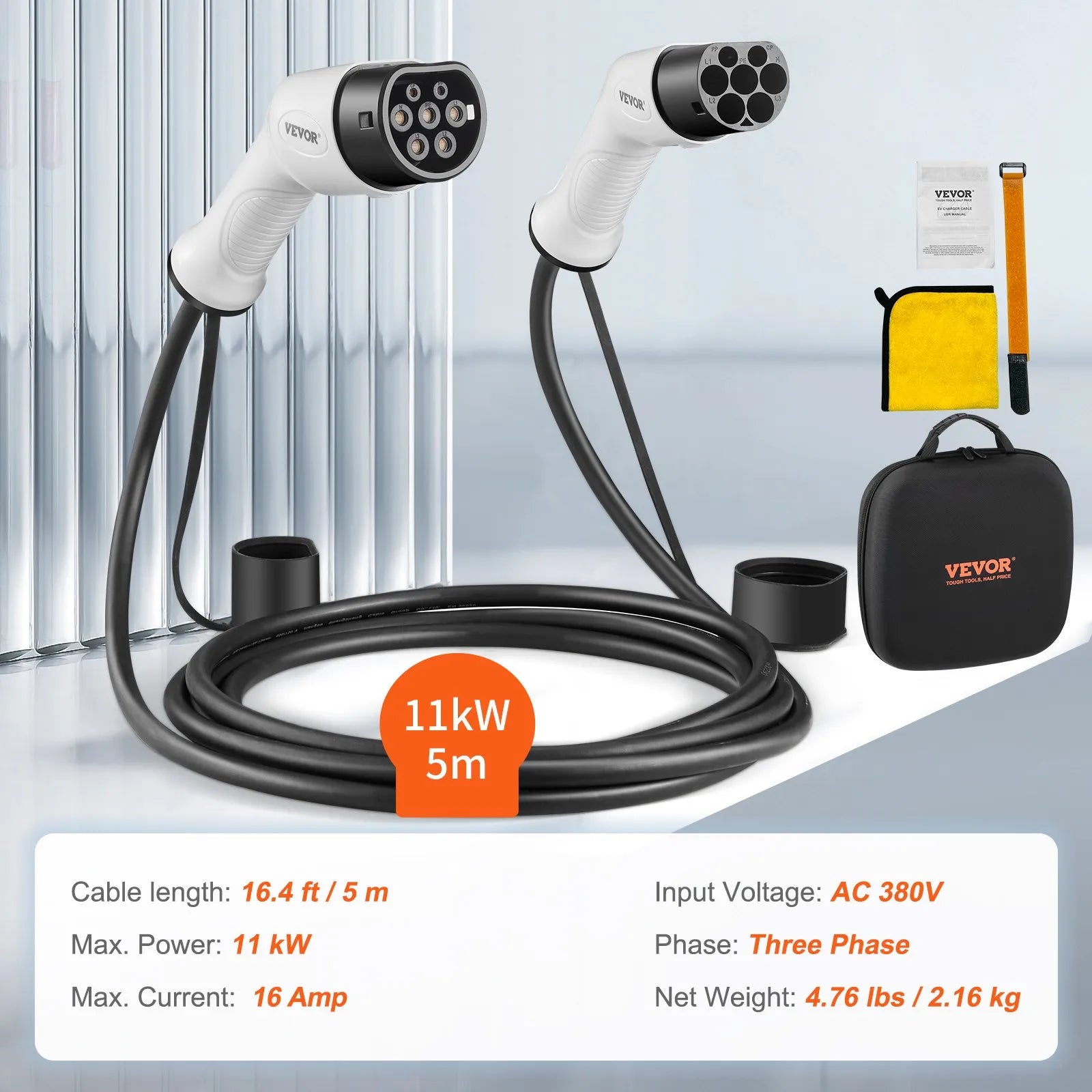 VEVOR Type 2 to Type 2 EV Charging Cable, 16Amp, 11kW 5 Meters Three Phase Electric Vehicle Car Charging Cable, IP66 Waterproof w Carry Bag, for IEC62196 EV & Plug-in Hybrid Electric Vehicle, CE&TUV