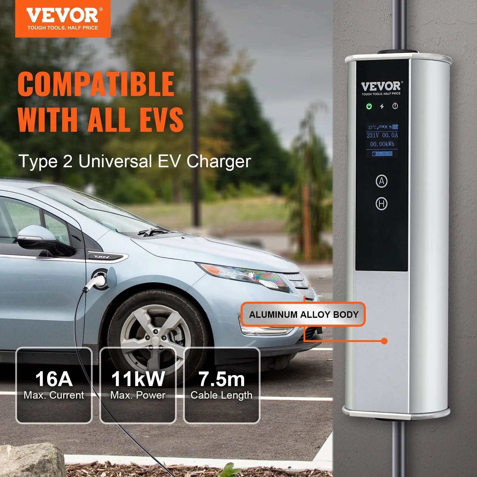 VEVOR Portable EV Charger Type 2, 16A 3.68 kW/11 kW, Electric Vehicle Car Charger with 7.5 M Charging Cable CEE 16 Plug LCD, IEC 62196 Home EV Charging Station with Carry Bag Charging Cable Hook, IP66