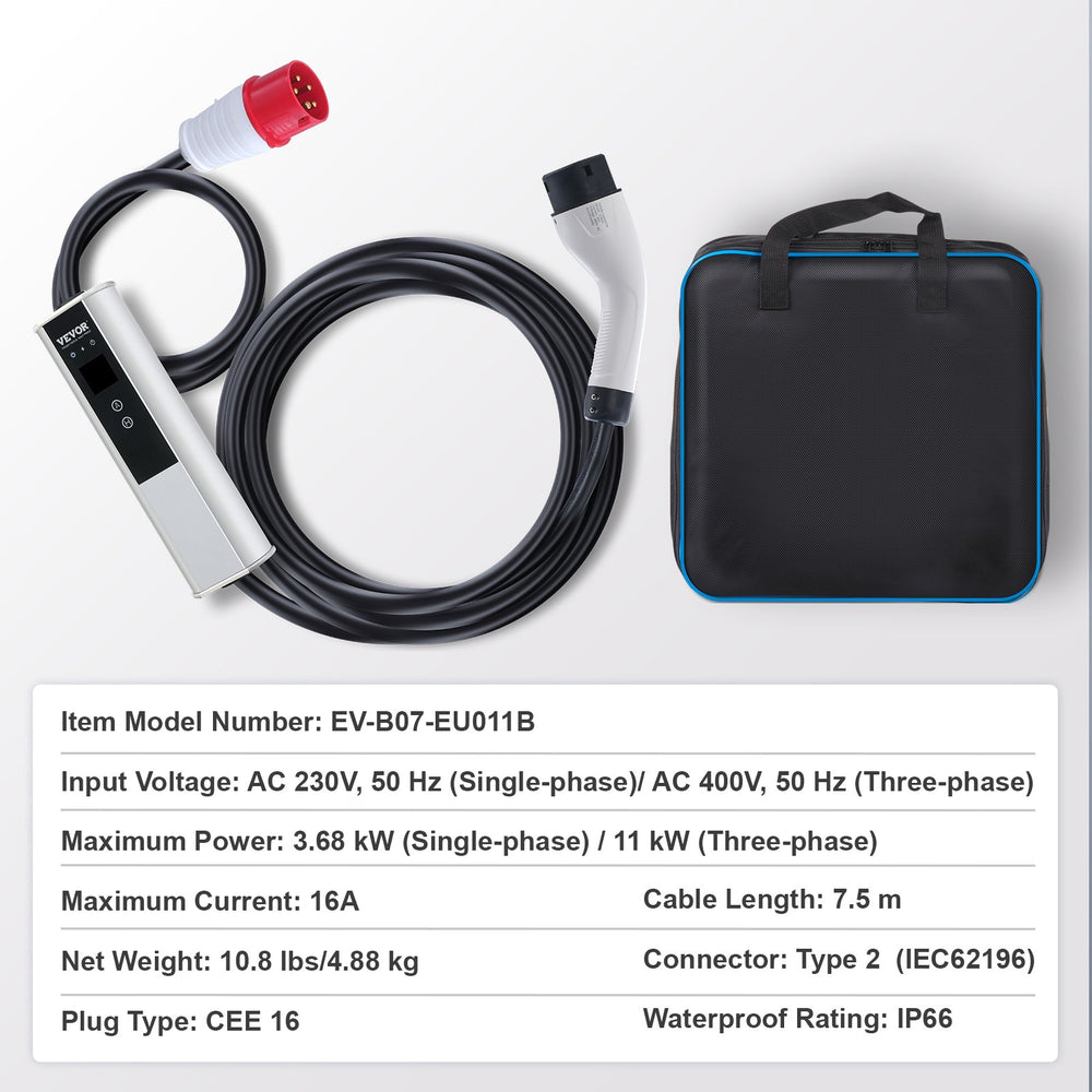 VEVOR Portable EV Charger Type 2, 16A 3.68 kW/11 kW, Electric Vehicle Car Charger with 7.5 M Charging Cable CEE 16 Plug LCD, IEC 62196 Home EV Charging Station with Carry Bag Charging Cable Hook, IP66