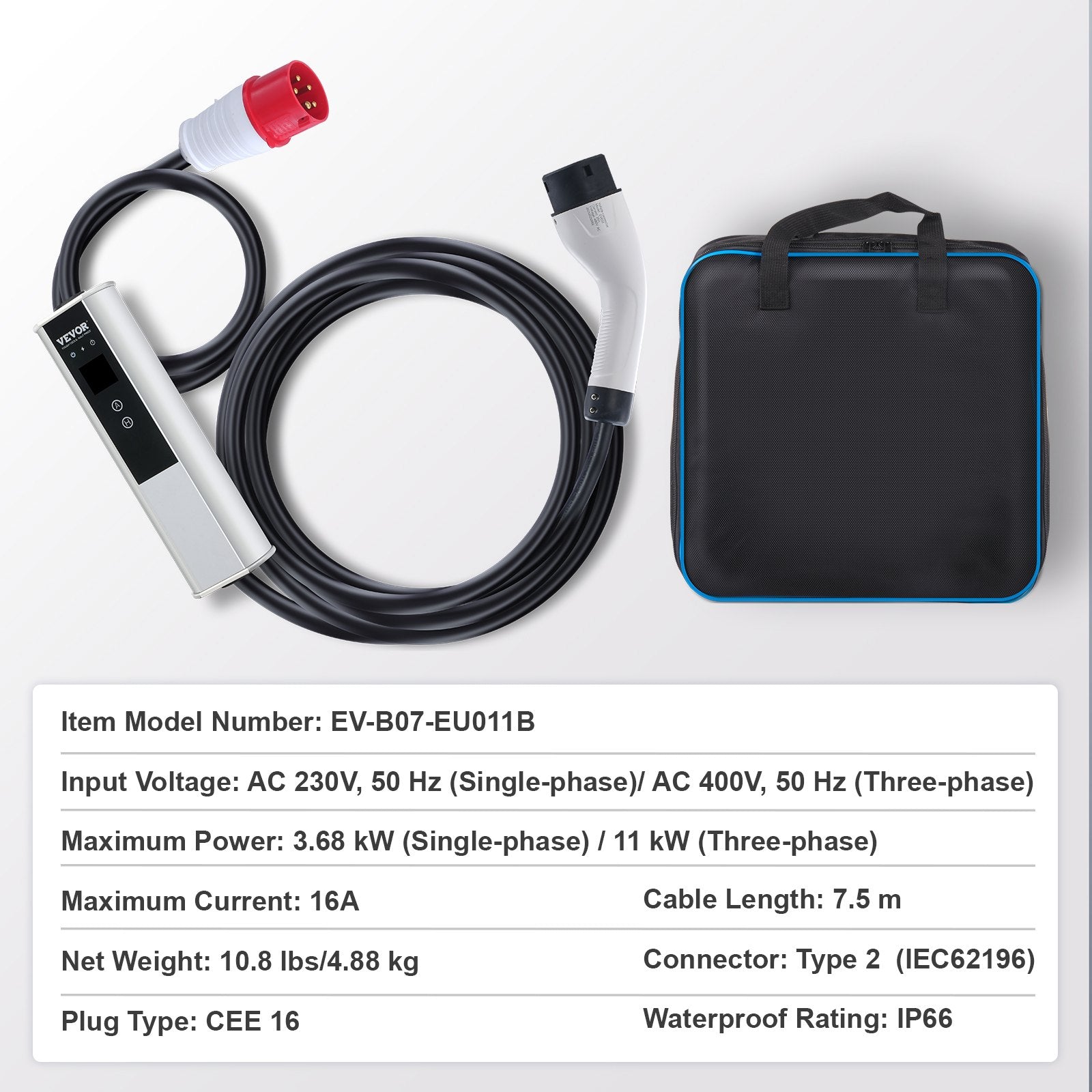 VEVOR Portable EV Charger Type 2, 16A 3.68 kW/11 kW, Electric Vehicle Car Charger with 7.5 M Charging Cable CEE 16 Plug LCD, IEC 62196 Home EV Charging Station with Carry Bag Charging Cable Hook, IP66