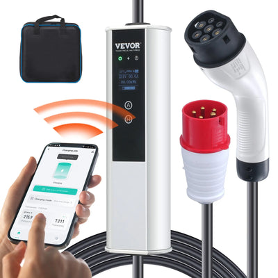 VEVOR Portable EV Charger Type 2, 16A 3.68 kW/11 kW, Electric Vehicle Car Charger with 7.5 M Charging Cable CEE 16 Plug LCD, IEC 62196 Home EV Charging Station with Carry Bag Charging Cable Hook, IP66