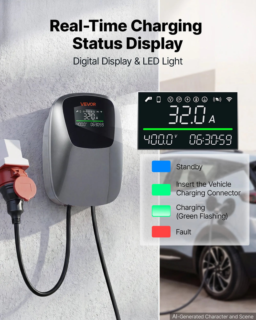 VEVOR Electric Vehicle Charging Station 22kW Three-Phase EV Charger CEE 32A, for All EVs and PHEVs, 400V AC Home Type 2 Smart Car Charging Wallbox, with APP Remote Control & Digital Display, IP65