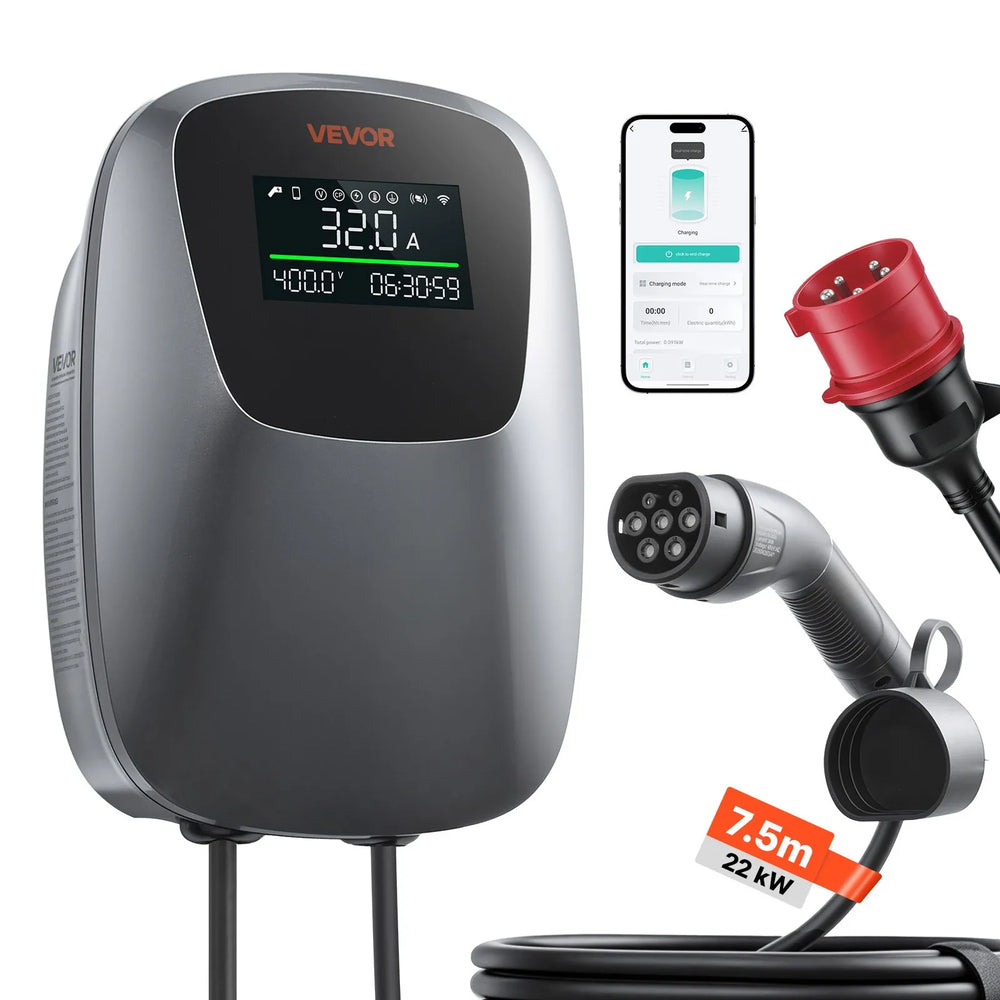 VEVOR Electric Vehicle Charging Station 22kW Three-Phase EV Charger CEE 32A, for All EVs and PHEVs, 400V AC Home Type 2 Smart Car Charging Wallbox, with APP Remote Control & Digital Display, IP65
