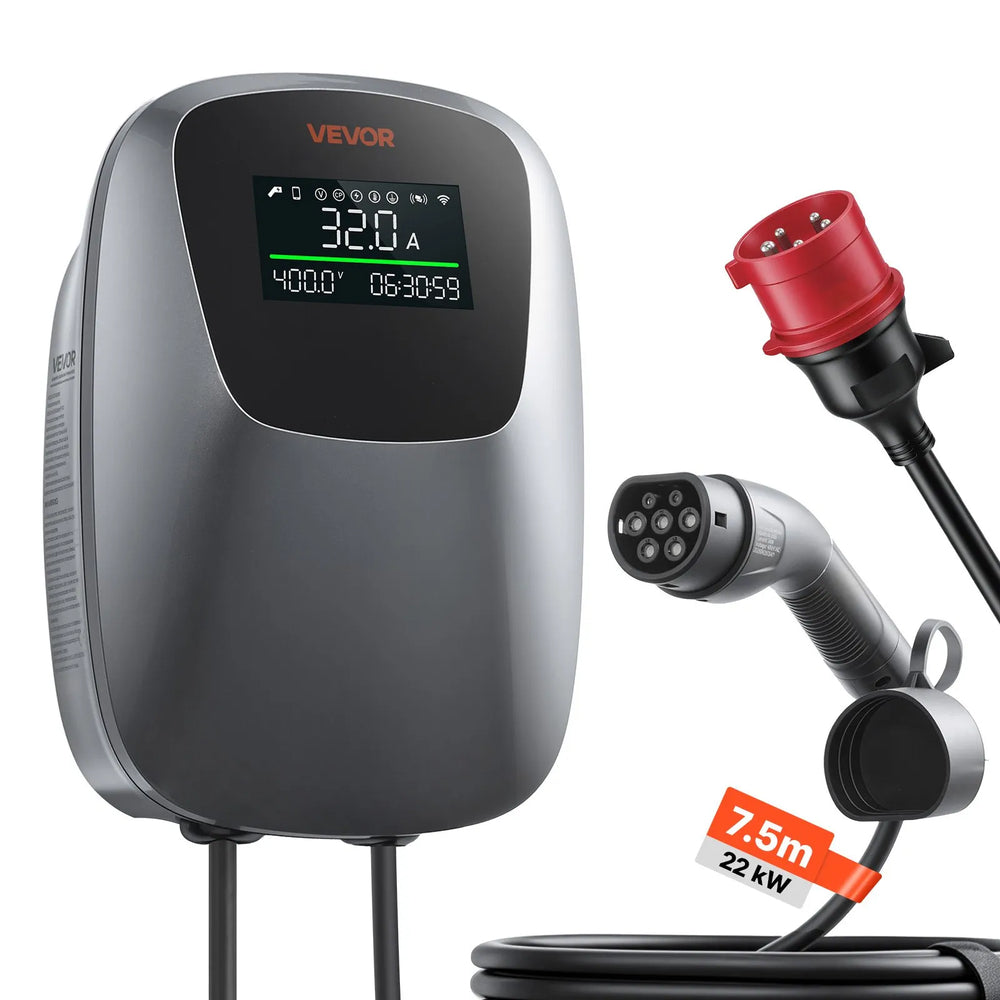 VEVOR Electric Vehicle Charging Station 22kW Three-Phase EV Charger CEE 32A, for All EVs and PHEVs, 400V AC Home Type 2 Smart Car Charging Wallbox, with APP Remote Control & Digital Display, IP65