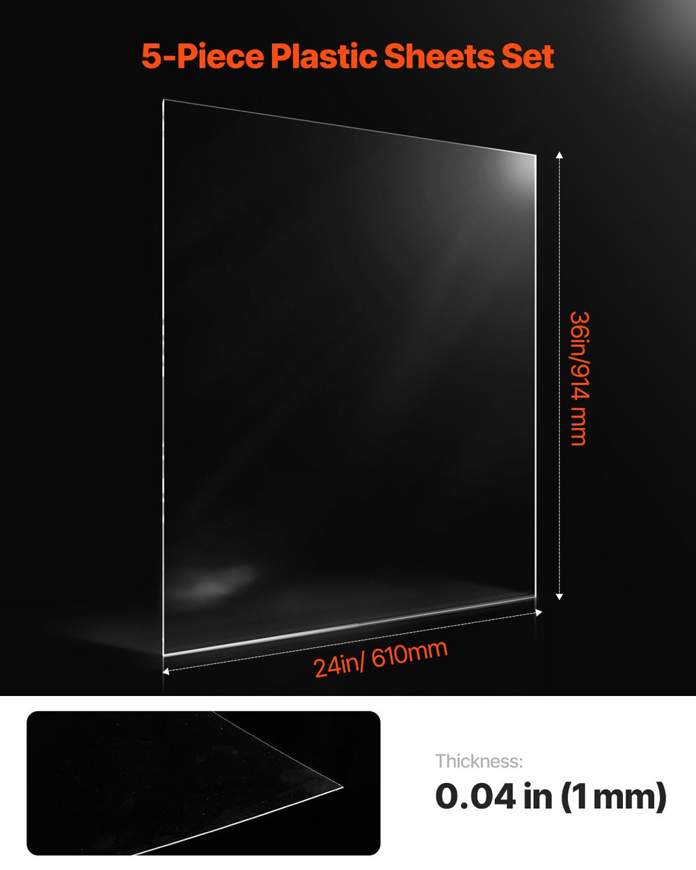 VEVOR PET/Clear Sheets, 5-Pack Plastic Sheet, 24 x 36 Inch 0.04 Inch Thick Transparent Clear Flexible Plastic Panels for Craft, Replacement Picture Frame Glass, DIY Display Project, Easy to Cut
