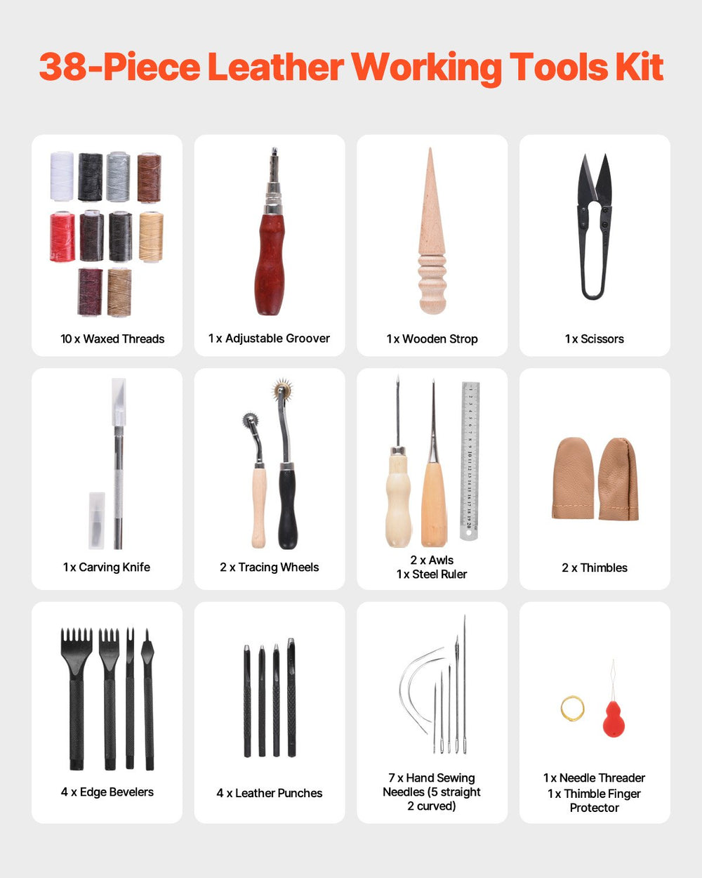 VEVOR Leather Working Tools Kit, 38 PCS Leather Craft Tools with Portable Canvas Storage Bag, Engraving Punching Sewing Stamping Cutting Tools, Ideal for Beginners DIY Enthusiasts and Professionals