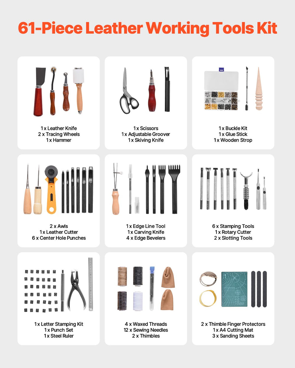 VEVOR Leather Working Tools Kit, 61 PCS Leather Craft Tools with Portable Canvas Storage Bag, Engraving Punching Sewing Stamping Sanding Tools, Ideal for Beginners DIY Enthusiasts and Professionals