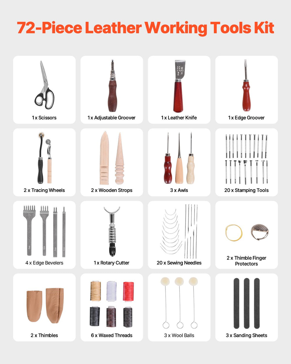 VEVOR Leather Working Tools Kit, 72 PCS Leather Craft Tools with Portable Leather Storage Bag, Engraving Punching Sewing Stamping Sanding Tools, Ideal for Beginners DIY Enthusiasts and Professionals