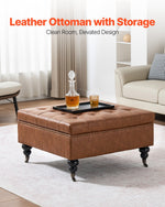 VEVOR 80 cm Square Leather Ottoman with Storage, Upholstered Tufted Button Coffee Table Ottoman with Castered Rolling Wheels, PU Leather High-Density Sponge for Living Room, Dorm, Bedroom, Brown