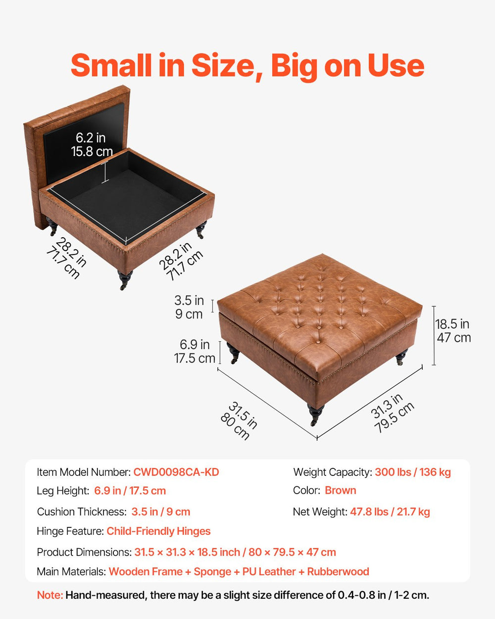 VEVOR 80 cm Square Leather Ottoman with Storage, Upholstered Tufted Button Coffee Table Ottoman with Castered Rolling Wheels, PU Leather High-Density Sponge for Living Room, Dorm, Bedroom, Brown
