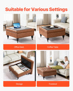 VEVOR 80 cm Square Leather Ottoman with Storage, Upholstered Tufted Button Coffee Table Ottoman with Castered Rolling Wheels, PU Leather High-Density Sponge for Living Room, Dorm, Bedroom, Brown