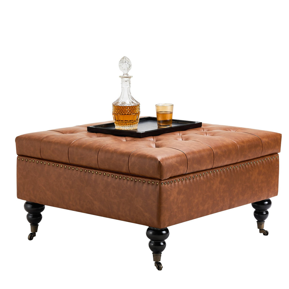 VEVOR 80 cm Square Leather Ottoman with Storage, Upholstered Tufted Button Coffee Table Ottoman with Castered Rolling Wheels, PU Leather High-Density Sponge for Living Room, Dorm, Bedroom, Brown
