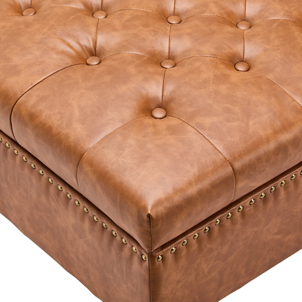 VEVOR 80 cm Square Leather Ottoman with Storage, Upholstered Tufted Button Coffee Table Ottoman with Castered Rolling Wheels, PU Leather High-Density Sponge for Living Room, Dorm, Bedroom, Brown