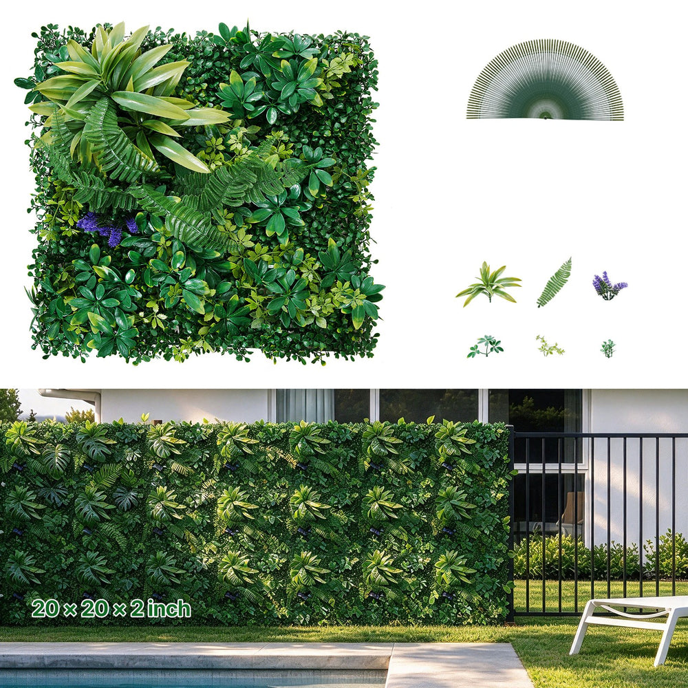 VEVOR Artificial Grass Wall Panels, 12 PCS 20 x 20 inch, 3D Combination Greenery Boxwood  Panel for Indoor Outdoor Green Decor & Ivy Fence Covering, Privacy Backdrop Wall Hedge Screen for Garden