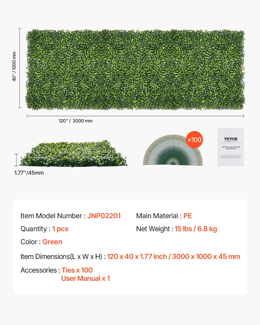 VEVOR Artificial Grass Wall Panels, 40 x 120 inch, Milan Grass Greenery Boxwood Panel for Indoor Outdoor Green Decor & Ivy Fence Covering, Privacy Backdrop Wall Hedge Screen for Garden
