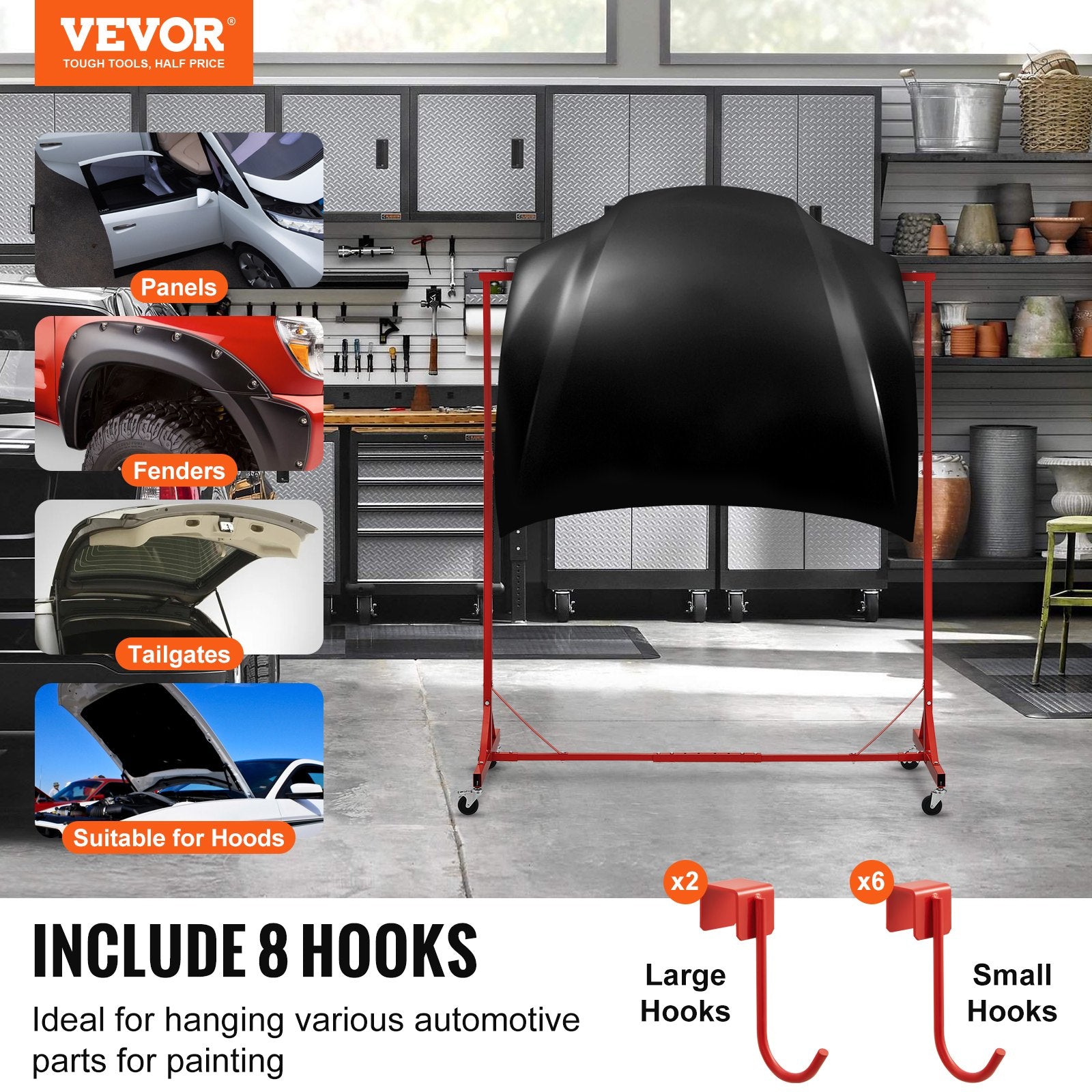 VEVOR Painting Rack, 5 ft-7 ft Adjustable Height, 66 lbs Capacity Automotive Paint Rack Stand, 8 Hooks Painting Drying Rack with 4 Swiveling Wheels, Auto Body Stand for Auto Repair Shops & Garage