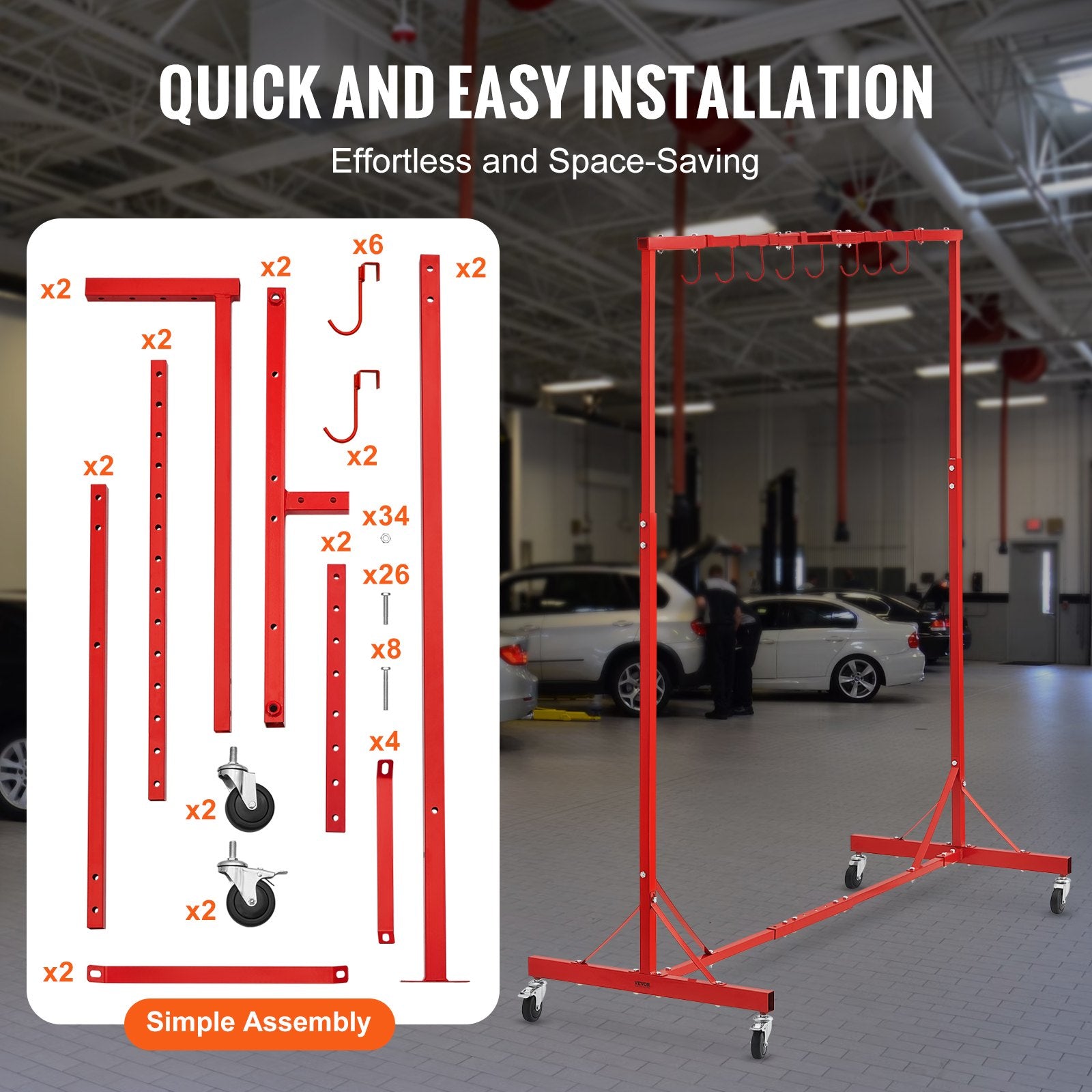 VEVOR Painting Rack, 5 ft-7 ft Adjustable Height, 66 lbs Capacity Automotive Paint Rack Stand, 8 Hooks Painting Drying Rack with 4 Swiveling Wheels, Auto Body Stand for Auto Repair Shops & Garage