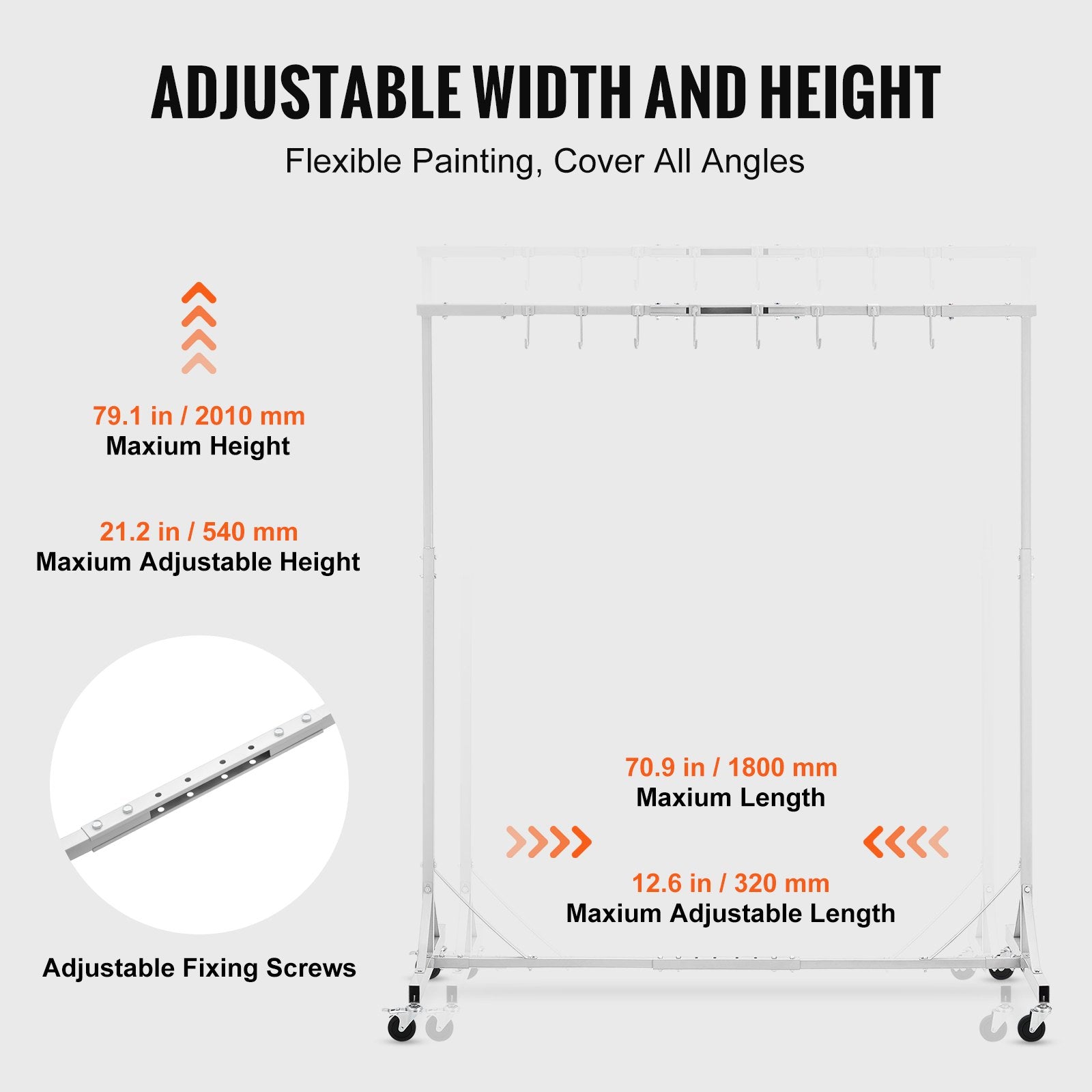 VEVOR Painting Rack, 5 ft-7 ft Adjustable Height, 66 lbs Capacity Automotive Paint Rack Stand, 8 Hooks Painting Drying Rack with 4 Swiveling Wheels, Auto Body Stand for Auto Repair Shops & Garage
