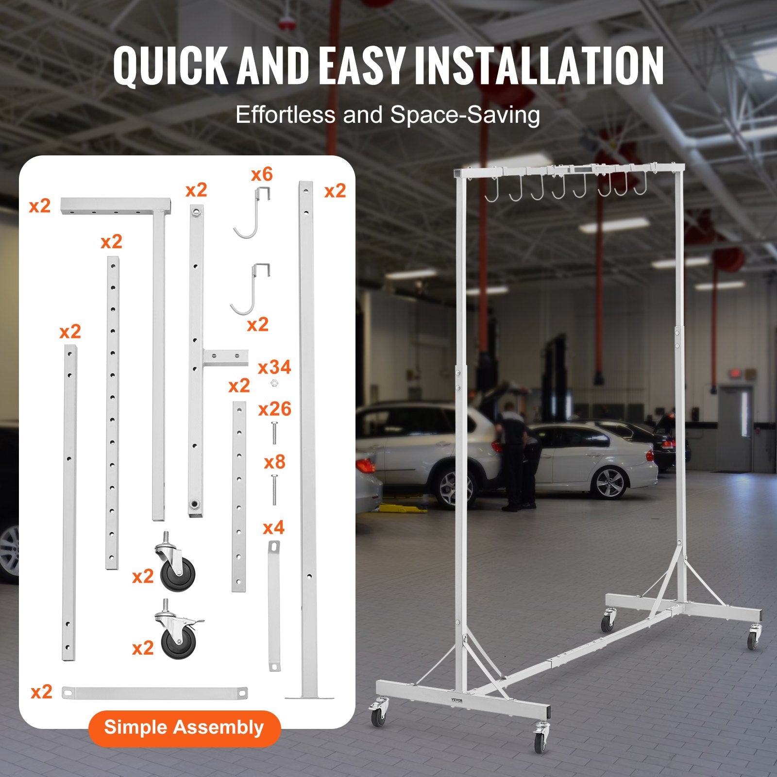 VEVOR Painting Rack, 5 ft-7 ft Adjustable Height, 66 lbs Capacity Automotive Paint Rack Stand, 8 Hooks Painting Drying Rack with 4 Swiveling Wheels, Auto Body Stand for Auto Repair Shops & Garage
