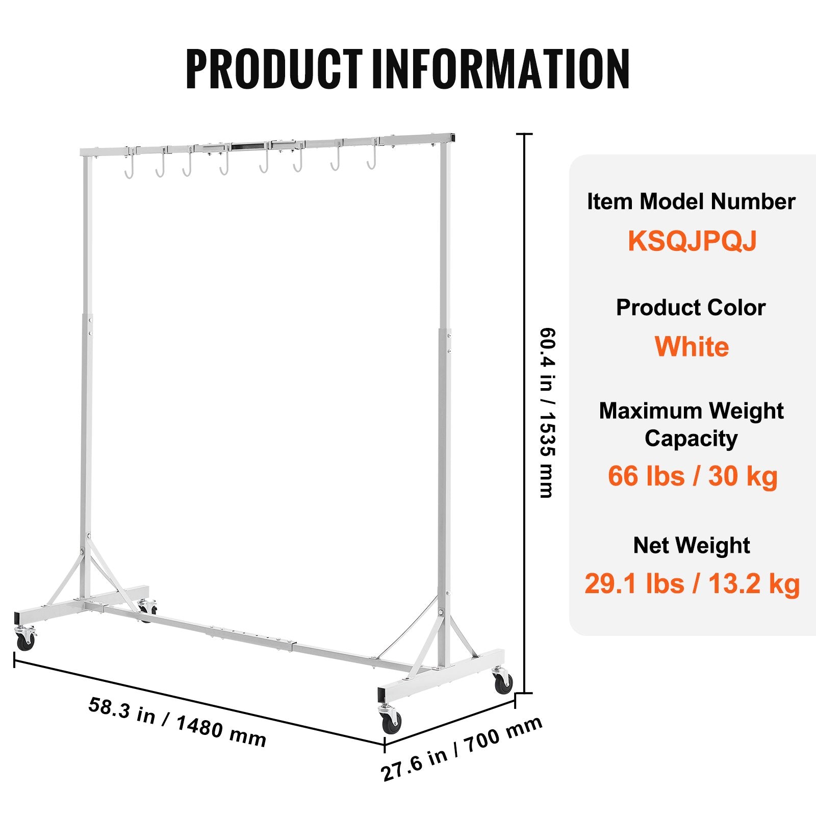 VEVOR Painting Rack, 5 ft-7 ft Adjustable Height, 66 lbs Capacity Automotive Paint Rack Stand, 8 Hooks Painting Drying Rack with 4 Swiveling Wheels, Auto Body Stand for Auto Repair Shops & Garage