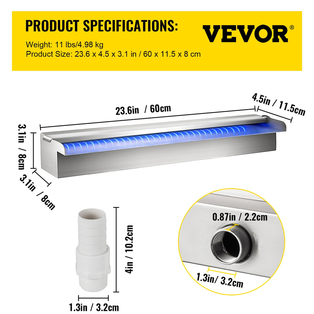 VEVOR Vevor Waterfall Pool Fountain Rectangular & Led Strip Light 60 x 11.5 x 8 cm/23.6" X 4.5" X 3.1"