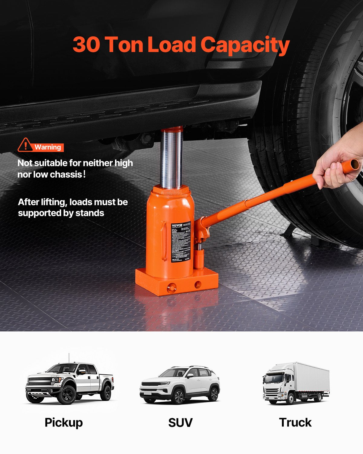 VEVOR Hydraulic Bottle Jack, 30 Ton/66138 lbs Welded Bottle Jack with 11.22''-18.66'' Lifting Range & 3-Section Long Handle, for Car, Pickup, Truck, RV, Auto Repair, Industrial Engineering
