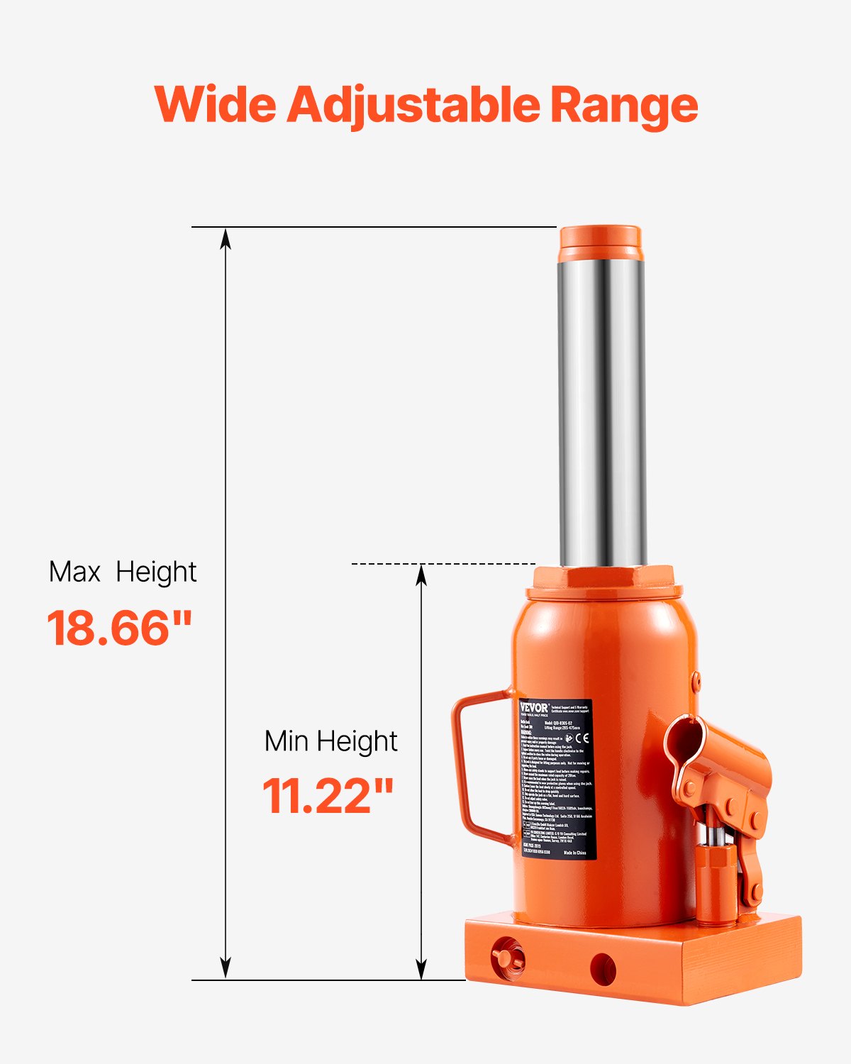 VEVOR Hydraulic Bottle Jack, 30 Ton/66138 lbs Welded Bottle Jack with 11.22''-18.66'' Lifting Range & 3-Section Long Handle, for Car, Pickup, Truck, RV, Auto Repair, Industrial Engineering